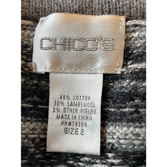 Chico’s Fair Isle Shawl Collar Cardigan Sweater Sz L Wool Blend Gray Cabincore - Picture 2 of 9